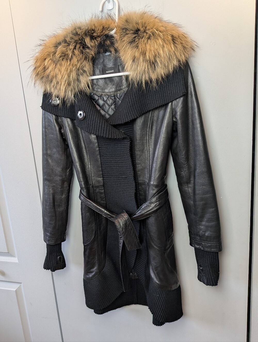 RUDSAK Leather Coat Black Color Size XS Real Natural Asiatic Raccoon Fur Belt